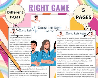 May include: A colorful educational game titled "Nurse Left Right Game" with text and illustrations. The game includes multiple pages with text and images of nurses. The design features a rainbow and various shapes.