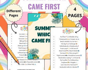 Puede incluir: Un juego con temática de verano con el texto "SUMMER WHICH CAME FIRST" y "Different Pages" y "4 PAGES". El juego incluye listas de artículos de verano como helados, pelotas de playa y flotadores. Un bolígrafo está en la imagen.
