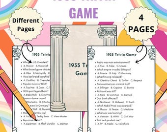 1935 Trivia Game, Printable 90th Birthday, Party Game Back to the 30s Party, Back to the 35s Party, 90th Birthday Ideas, Instant Download