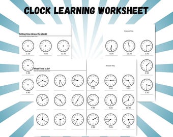 May include: A black and white worksheet with clock faces for learning to tell time. The worksheet has two sections, one for drawing the hands on the clock and the other for identifying the time shown on the clock.
