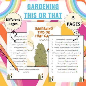 Gartenarbeit Frühling unter dem Motto Dieses oder jenes Spiel, Eisbrecher Party Aktivität, lustiges Gartenspiel, perfekt für Gartenpartys und Familienspaß