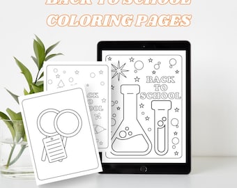 May include: Three black and white coloring pages featuring a beaker and test tube, a magnifying glass and a notepad, and a star with a triangle and circles. The pages are titled "Back to School Coloring Pages".