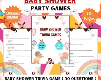 May include: Baby shower trivia game with a colorful design. The game includes 50 questions across 10 pages, with each page featuring 5 questions. The game's title is displayed in bold, with decorative elements like hearts and reindeer.