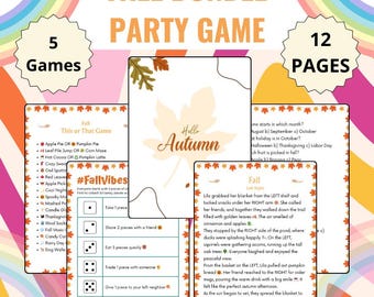 May include: A colorful fall-themed party game bundle with the text "Fall Bundle Party Game." The image includes game cards, dice, and the words "Hello Autumn." The bundle contains 5 games and 12 pages.
