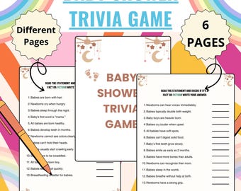 May include: A printable baby shower trivia game with six pages. The game features questions about babies and asks players to decide if the statement is a fact or fiction. The game is decorated with a pastel rainbow background and cute baby footprints.