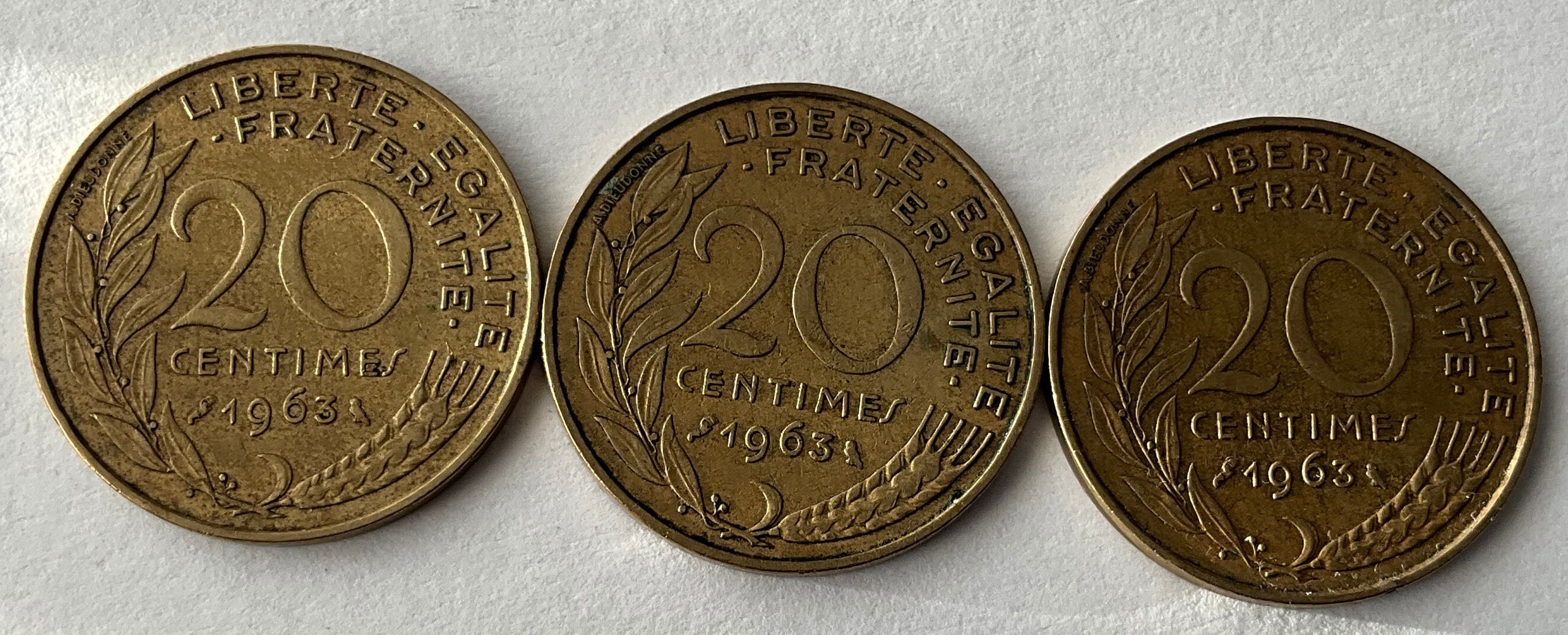 1963年レピュブリック・フランセーズ・フランス20サンタイムコイン3枚