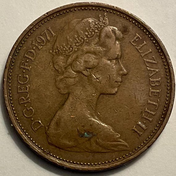 1971年2ペンス 女王の肖像 1971年 イギリス女王エリザベス2世 新ペンス硬貨2枚 - Etsy 日本