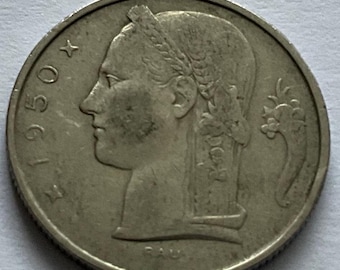 ヴィンテージ ベルギー 1980 5 フラン硬貨。王冠、豊穣の角。直径 19