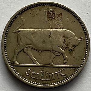 May include: A silver Irish one shilling coin featuring a bull walking to the right with the inscription "1s" and "Sciúnt" on the coin.