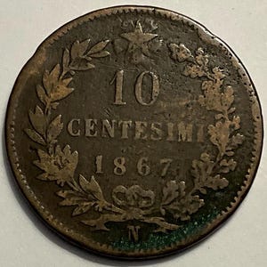1867 Italy 10 Centesimi Victor Emmanuel II Coin