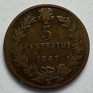 1867 Italy 5 Centisimi Victor Emmanuel II Coin