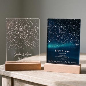 Op de afbeelding: Twee rechthoekige acrylplaten op lichte houten voetstukken. De linkerplaat is transparant met witte sterrenbeelden en de tekst Jordan & Amie March 1st 2020. De rechterplaat toont een donkerblauwe nachtelijke hemel met witte sterrenbeelden.