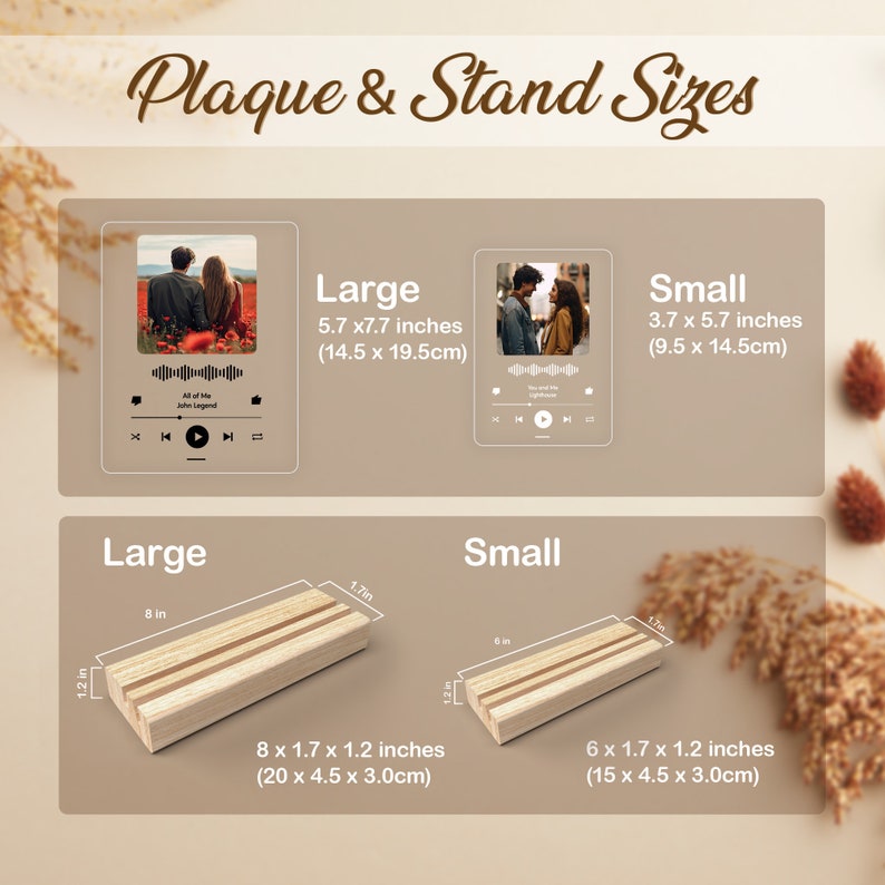 May include: Two different sizes of wooden plaques with stands. The larger plaque is 5.7 x 7.7 inches (14.5 x 19.5 cm) and the smaller plaque is 3.7 x 5.7 inches (9.5 x 14.5 cm). The stands are 8 x 1.7 x 1.2 inches (20 x 4.5 x 3.0 cm) and 6 x 1.7 x 1.2 inches (15 x 4.5 x 3.0 cm).