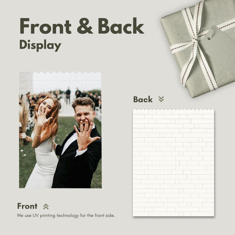 May include: A display showing the front and back of a product. The front features a photo of a smiling couple at a wedding. The back shows a white brick pattern. Text reads "Front & Back Display" and "We use UV printing technology for the front side."