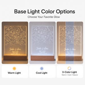 Puede incluir: Una luz nocturna rectangular de acr&iacute;lico con un grabado de mapa estelar y el texto Jordan & Amie, March 1st 2026, Chase Water, 52.6620 N, 1.9429 W. La luz se asienta sobre una base de madera y ofrece opciones de luz c&aacute;lida, fr&iacute;a o tricolor.
