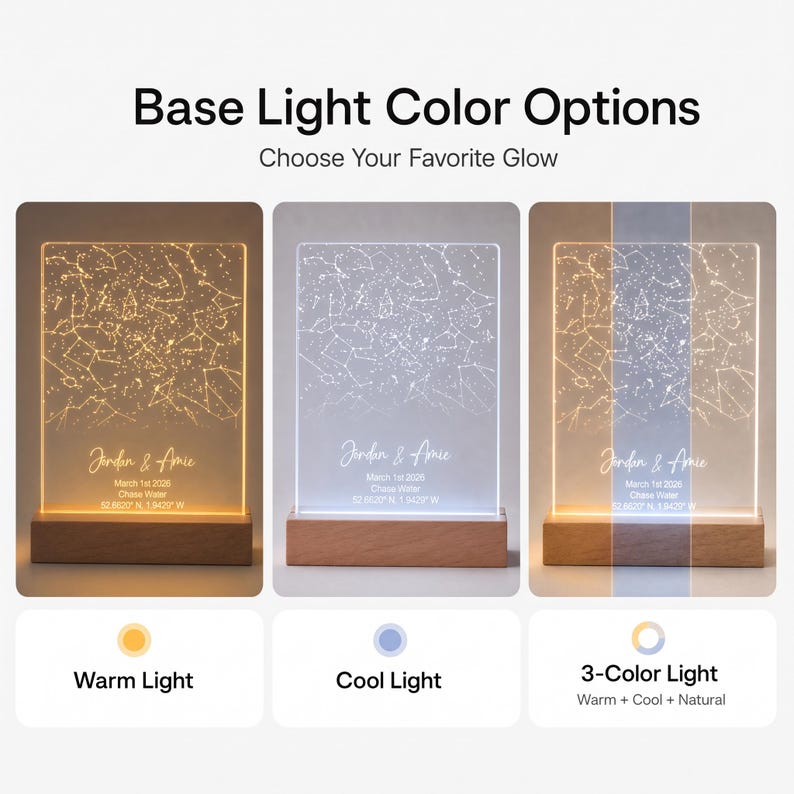 Puede incluir: Una luz nocturna rectangular de acr&iacute;lico con un grabado de mapa estelar y el texto Jordan & Amie, March 1st 2026, Chase Water, 52.6620 N, 1.9429 W. La luz se asienta sobre una base de madera y ofrece opciones de luz c&aacute;lida, fr&iacute;a o tricolor.