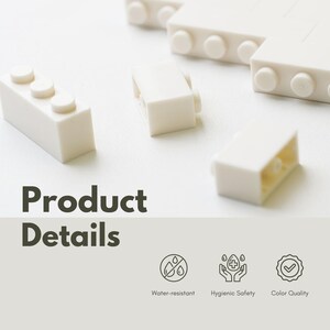 May include: Several off-white toy building blocks are scattered on a white surface. The blocks have a classic rectangular shape with circular studs on top. The image also includes the text "Product Details" and icons indicating water resistance, hygienic safety, and color quality.
