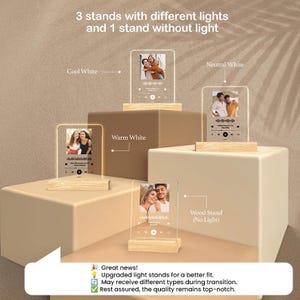 May include: Four photo display stands with different light options: cool white, warm white, neutral white, and a wood stand with no light. Each stand features a clear acrylic frame with a wooden base and a photo of a couple.