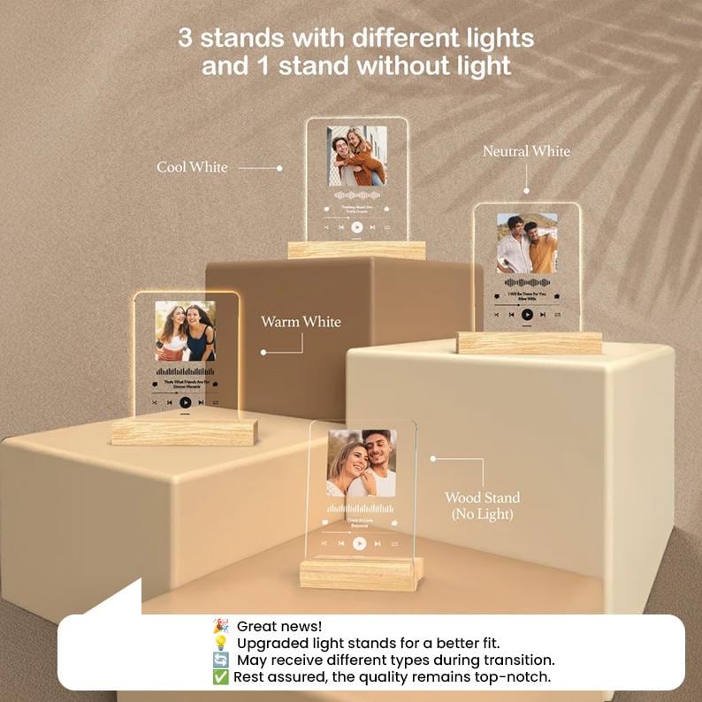 May include: Four photo display stands with different light options: cool white, warm white, neutral white, and a wood stand with no light. Each stand features a clear acrylic frame with a wooden base and a photo of a couple.