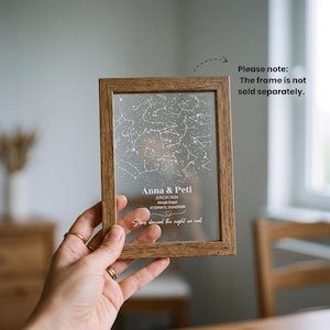 Puede incluir: Un marco de madera rectangular que contiene una l&aacute;mina acr&iacute;lica transparente impresa con un mapa de constelaciones blancas. El texto dice Anna & Peti, JUN | 25 | 2024, Margit Sziget, 47.5194972, 19.0459589, y Stars danced the night we met.