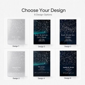 Puede incluir: Seis placas rectangulares con dise&ntilde;os de mapas estelares y constelaciones. Cada placa muestra nombres, fechas, ubicaciones y coordenadas personalizadas. Los dise&ntilde;os var&iacute;an entre fondos plateados y temas de cielo nocturno azul oscuro con auroras.