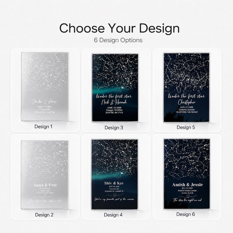 Puede incluir: Seis placas rectangulares con dise&ntilde;os de mapas estelares y constelaciones. Cada placa muestra nombres, fechas, ubicaciones y coordenadas personalizadas. Los dise&ntilde;os var&iacute;an entre fondos plateados y temas de cielo nocturno azul oscuro con auroras.
