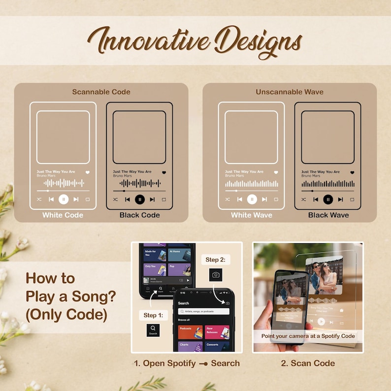 May include: A digital illustration showing four different ways to display a Spotify code. The first two designs are scannable codes with white and black backgrounds. The last two designs are unscannable waves with white and black backgrounds. The illustration also shows how to play a song using a Spotify code on a smartphone.