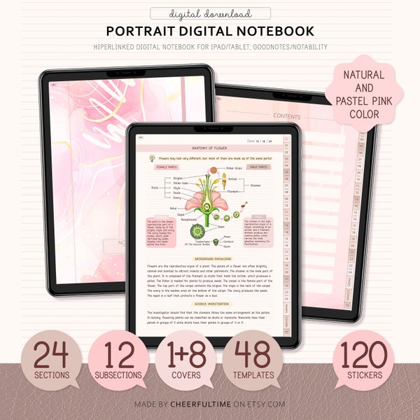 Digital Notebook, GoodNotes Notebook, Portrait, Notebook with tabs, Digital Journal, iPad Notebook, Student Notebook, Elegant Pink