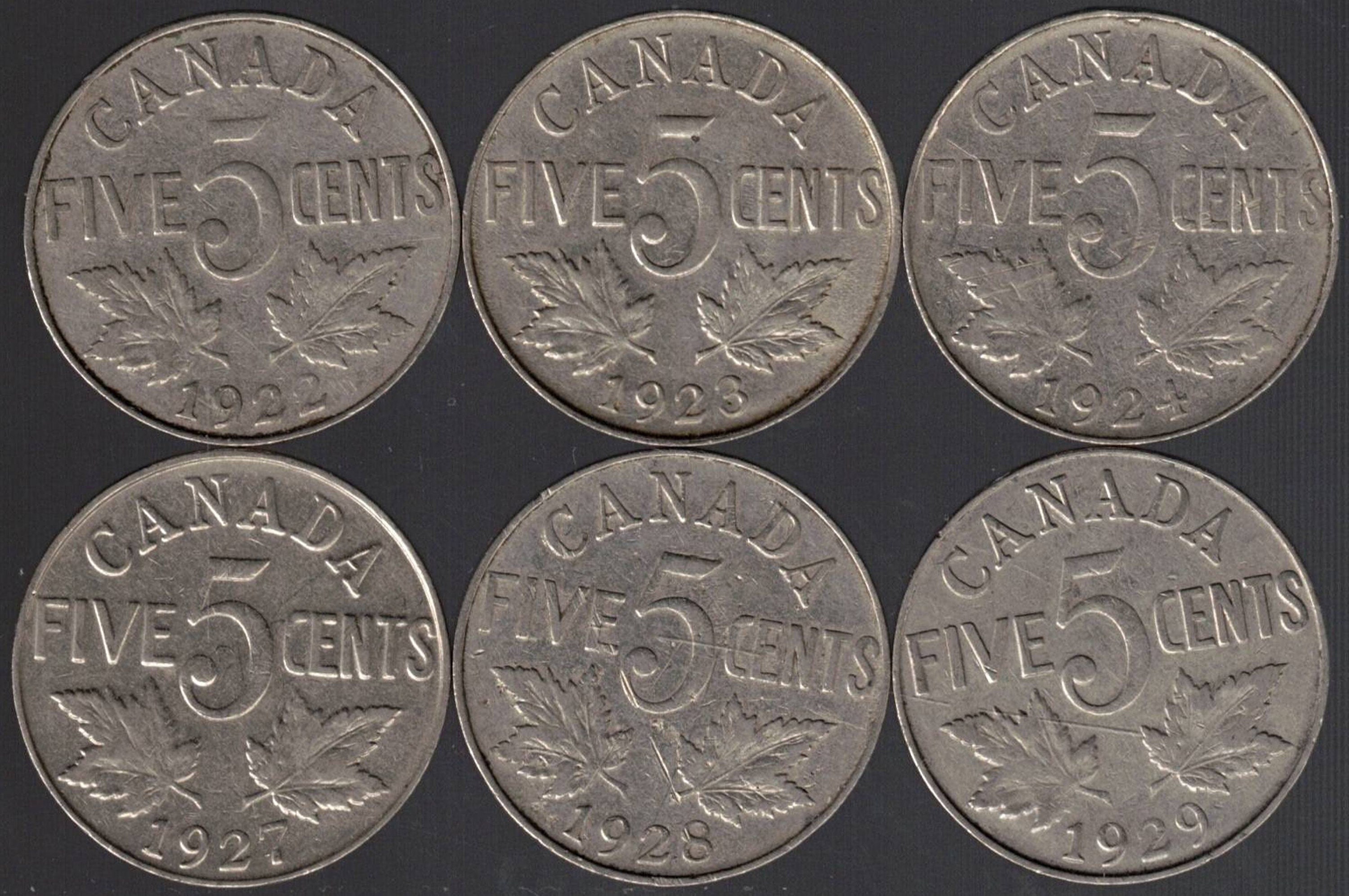 1922, 1923, 1924, 1927, 1928, 1929 Canada 5 Cent 6 Coin Collection,  Circulated sorry No 1925 or 1926 -  Canada