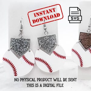 May include: Baseball-themed earrings with a white baseball design and red stitching. The earrings feature a silver glitter home plate and a silver hook. The image also includes the text "INSTANT DOWNLOAD" and "SVG".