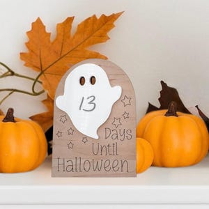 May include: Wooden Halloween countdown sign featuring a white ghost with the number 13 and the words "Days Until Halloween." The sign is surrounded by orange pumpkins and fall foliage, creating a festive autumn display.