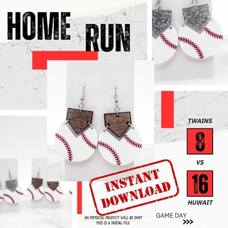 May include: Baseball-themed earrings with a white baseball design and red stitching. The earrings feature a brown home plate accent and silver hooks. The image also includes the text "HOME RUN" and "INSTANT DOWNLOAD".