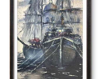 Moody Harbor Watercolor Painting Original on Cotton Paper, Nautical Ship Art, Atmospheric Seascape, Maritime Wall Decor, 15x11 inch