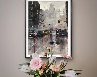 Original Watercolor Painting / Original Watercolor – Rainy City Street Scene, Urban Watercolor Fine Art, Reflections and Umbrellas on 9x12 in