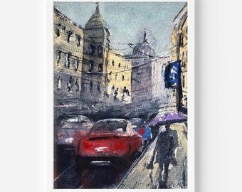 Original Watercolor Painting/ French cityscape Watercolor Painting / Watercolor Cityscape / Rainy Urban Painting / Paris Watercolor Painting