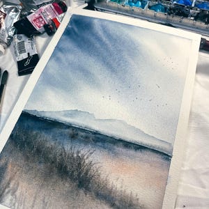 Minimalist Mountain Landscape Original Watercolor – Serene Nature Wall Art, Blue Sky Lake Reflection Painting, Calm Landscape Decor, 10x7in