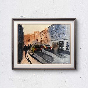 Original Watercolor Painting – City Street with Yellow Taxis and Bus – Urban Traffic Scene 16x12 in