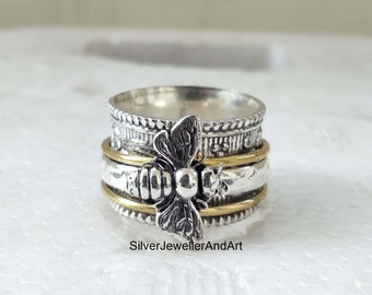 Honigbiene Spinner Ring, 925 Sterling Silber Spinner Ring, Meditation Ring, Biene Ring, Sorgen Ring, Angst Ring, Geschenk für sie