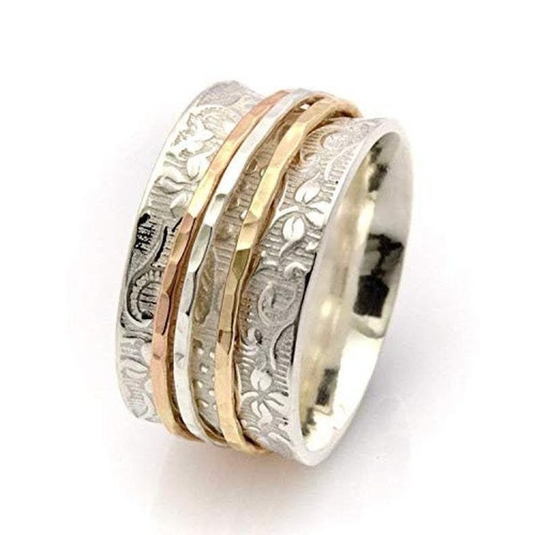 Three Tone Spinner Ring, 925 Sterling Silver, Spinner Rings For Women, Spinner Ring, Meditation Ring, Spinning Ring, Handmade Spinner Ring,