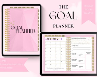May include: A pink digital planner with gold accents. The planner has a calendar for January, a section for goal setting, and a section for notes. The text "THE GOAL PLANNER" is at the top of the page.