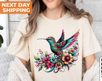 Hummingbird Shirt, Gift For Her, Spring Birds Shirt, Bird Shirt, Bird Lover Gift Shirt, Watercolor Hummingbird, Floral Hummingbird Shirt