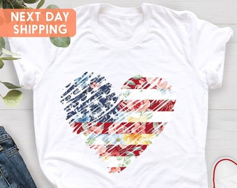 Floral American Flag Heart Shirt, Patriotic July 4th USA Tee, Independence Day Tee