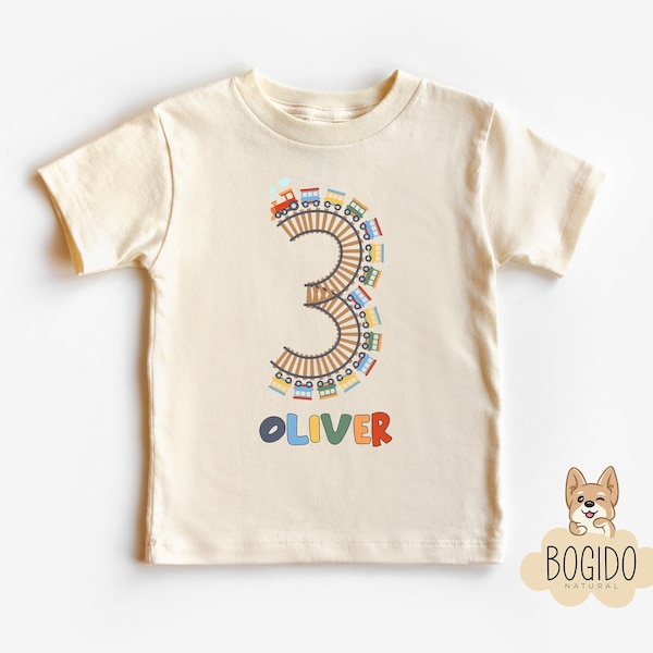 Personalized Choo Choo I'm 3 Train theme Birthday Shirt, Three Birthday, Boy's Train Birthday Shirt, Natural Train Birthday Shirt