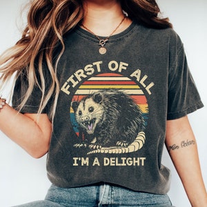 Retro First Of All I&#39;m A Delight Sarcastic Angry Opossum Lover Shirt, Unique Gift for Opossum Lovers, Comfort Funny Animal Lover TShirt