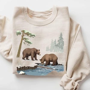 Moletom retrô com estampa de ursos pardos e cenas selvagens, traje vintage de urso pardo dos anos 90, moletom boho unissex com gola redonda