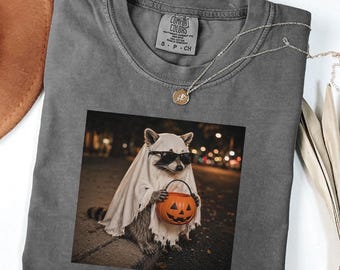 Può includere: Una t-shirt grigio antracite con una stampa grafica di un procione che indossa un costume da fantasma bianco e occhiali da sole neri, mentre tiene in mano un secchiello per caramelle a forma di zucca arancione. Etichetta Comfort Colors.