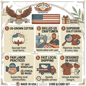 The image is a collage of various illustrations and text elements related to the manufacturing and production of American-made products. It includes images of a bald eagle, a sewing machine, a magnifying glass, a handshake, a sewing kit, a cotton plant, a flag, and a truck. The text highlights the quality control, fair labor practices, and ethical wages associated with the manufacturing of American-made products.