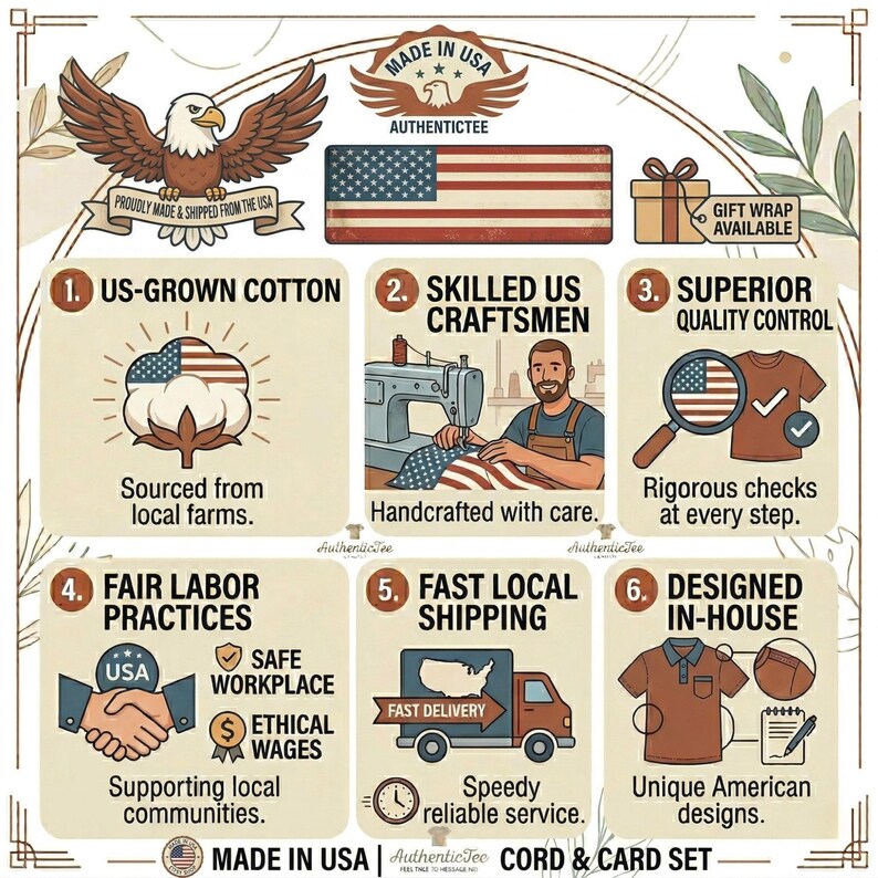 The image is a collage of various illustrations and text elements related to the manufacturing and production of American-made products. It includes images of a bald eagle, a sewing machine, a magnifying glass, a handshake, a sewing kit, a cotton plant, a flag, and a truck. The text highlights the quality control, fair labor practices, and ethical wages associated with the manufacturing of American-made products.