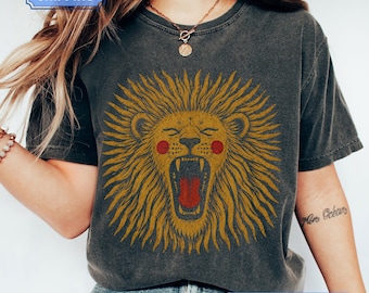 Camiseta vintage estilo boho con león, talla grande, para mujer, unisex, colores cómodos.