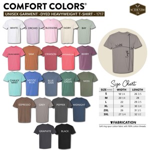May include: A Comfort Colors 1717 garment-dyed heavyweight t-shirt color chart featuring twenty-one color options including white, orchid, blossom, ivory, bay, crunchberry, yam, crimson, watermelon, berry, chalky mint, mystic blue, blue jean, light green, moss, espresso, grey, pepper, midnight, graphite, and black, with a size chart showing width and length measurements in inches.
